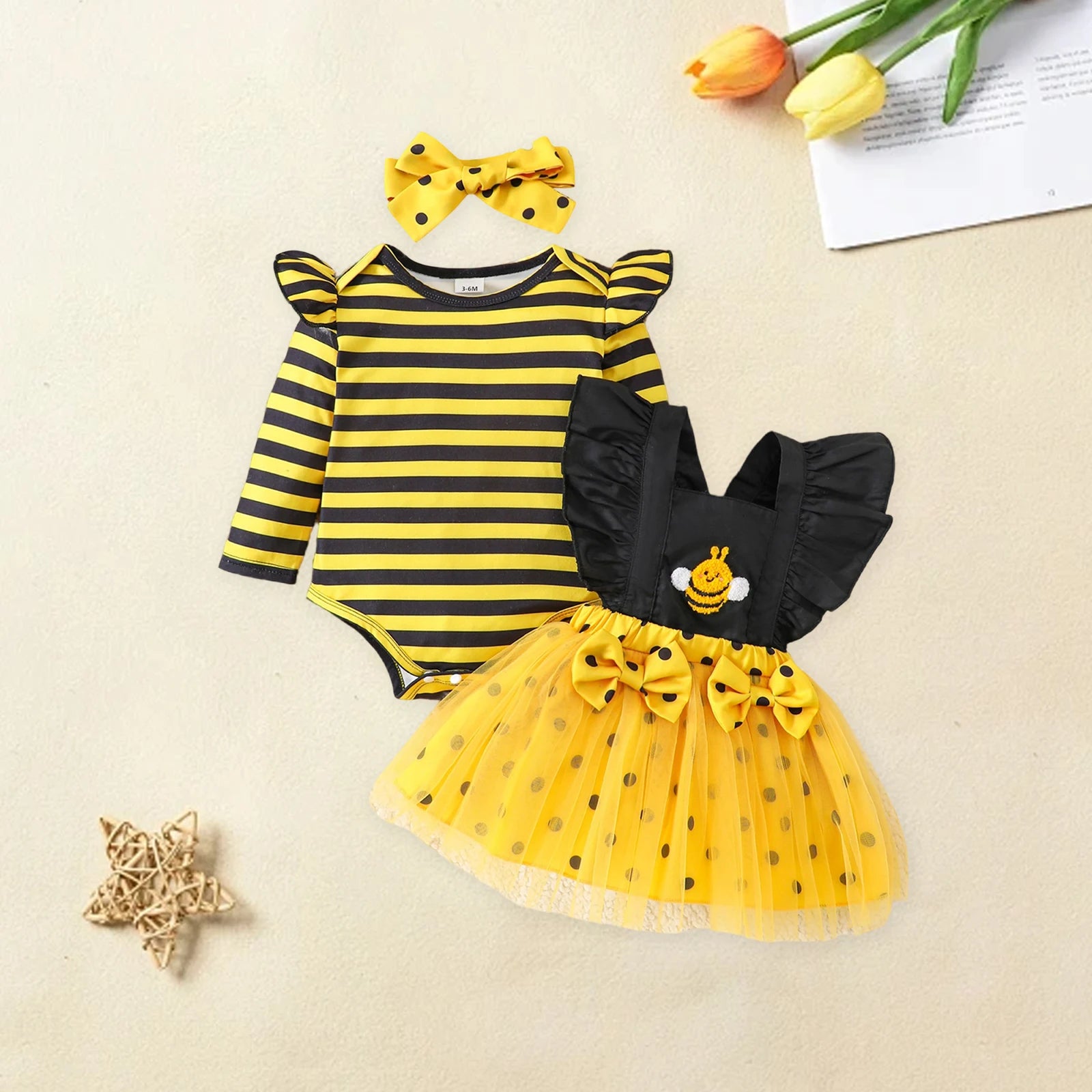 Baby Girl Outfits Long Sleeve Striped Romper Overalls Dress Headband Set Infant Bee Costume Clothes Set