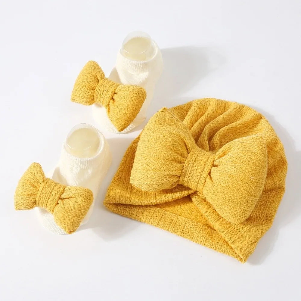 3Pcs/Set Soft Bow Baby Hat Socks Set Cotton Solid Color Baby Fetal Cap 0-12 Months Windproof Newborn Turban Hat Toddler