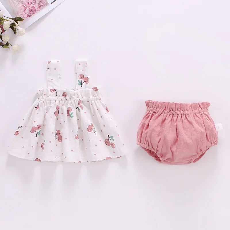 0-2 Years Baby Girl Summer Dress Suit Little Girl Clothes Infant Toddler Cherry Sling Dress Bread Pants Two-piece Clothing Set