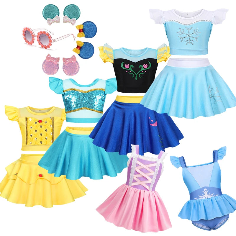 Summer Kids Girls Two Piece Elsa Beach Bikini Swimsuit 2025 Kids Rapunzel Jasmine Swimwear  Child Swimming Outfits Ruffled Skirt