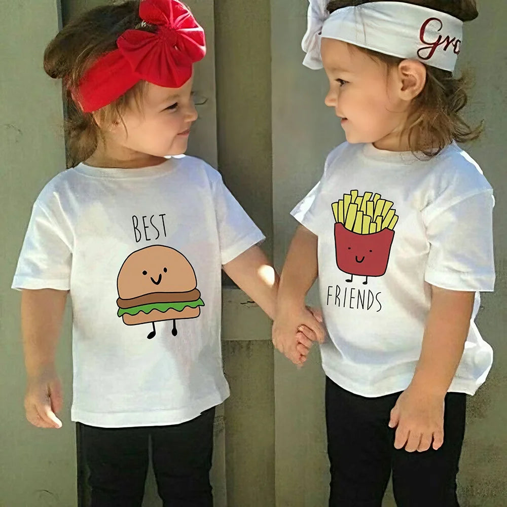 Funny Best Friend Twins Kids T-shirt for Baby Sandwich and Hamburger Food Tshirt Casual Shirt Tops Twins Brother Sister Tees