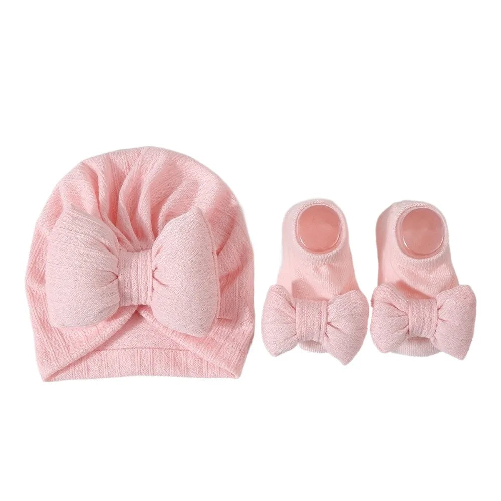 3Pcs/Set Soft Bow Baby Hat Socks Set Cotton Solid Color Baby Fetal Cap 0-12 Months Windproof Newborn Turban Hat Toddler