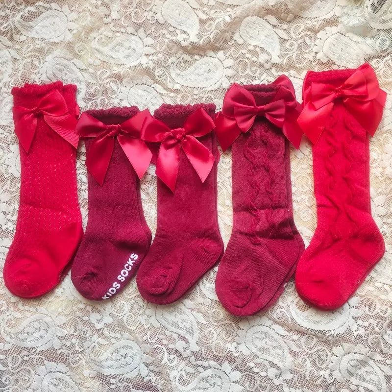 Baby's Christmas Red Socks Sweet Big Bows Knee High Princess Sock for Infant Holiday Atmosphere Cotton Mesh Breathable Long Sock