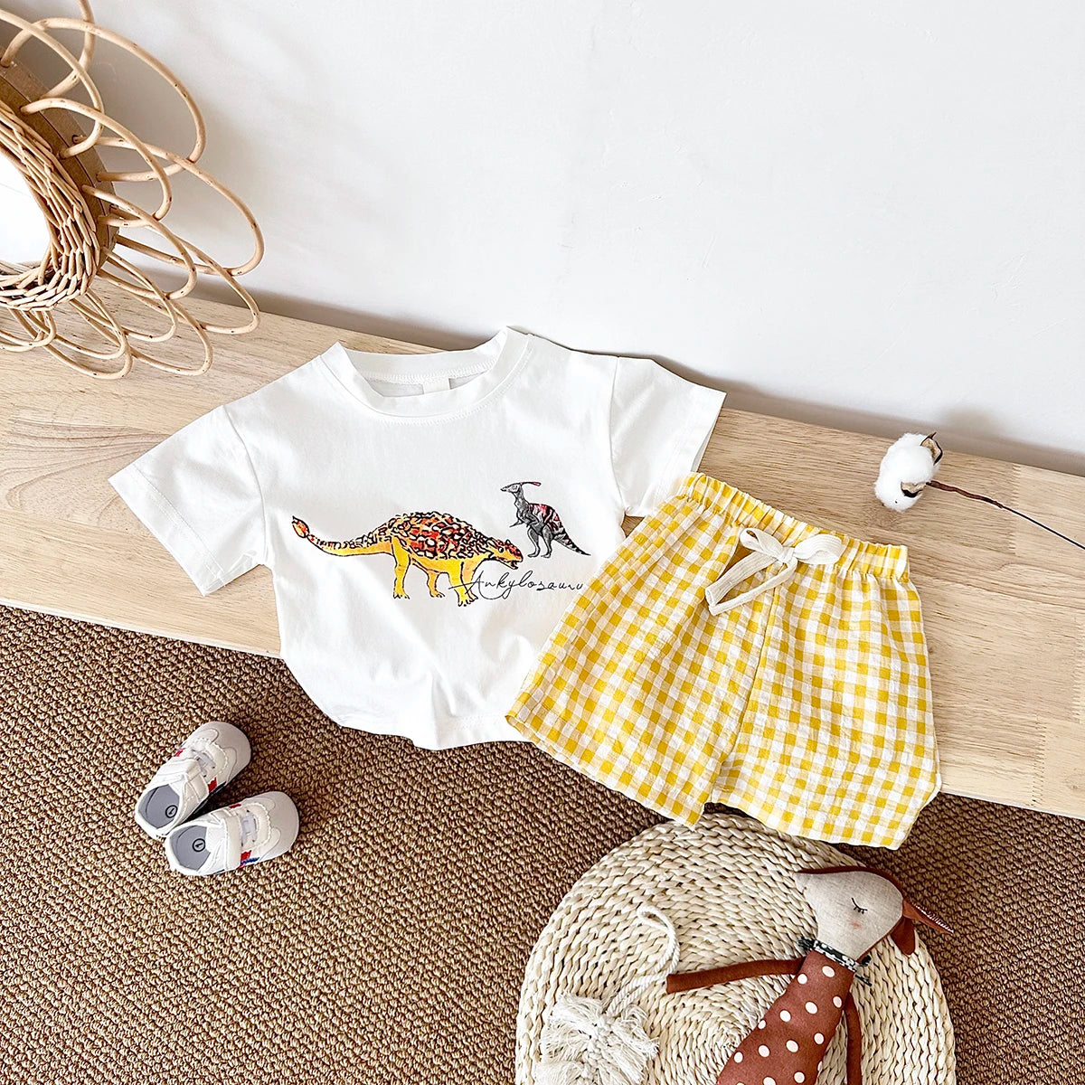 New Baby Clothes Set Infant Dinosaur Print Top+Grid Shorts Baby Boys Girls Casual Baby Set Newborn Summer Baby Clothes 2Pcs/Sets