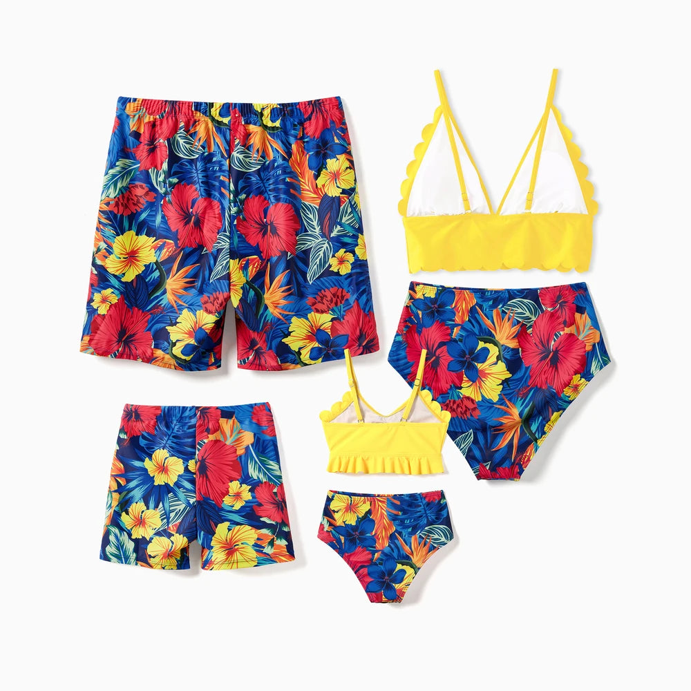 Family Matching Swimwear Set, Sexy Plants Floral Design, Fabric Stitching, Medium Thickness