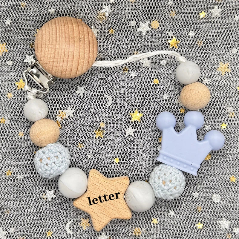 Custom Name Silicone Beads Wooden Ring Pacifier Clips Safe Teething Chains Baby Teether Eco-friendly Dummy Beech Clips Holder