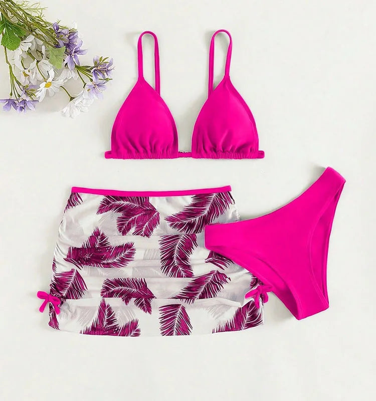 2025 Girls Printed Bikini Swimsuit Three Piece Set Beach Swimwear Big Kids Outfit Simple Holiday Wear Matching Summer New