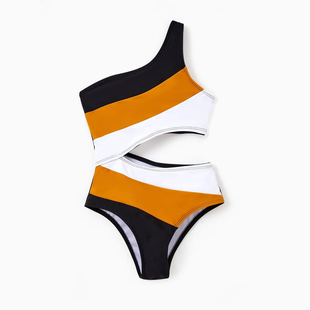 Family Matching Colorblock Swim Trunks Shorts or Cut Out Waist One-Shoulder One-piece Swimsuit