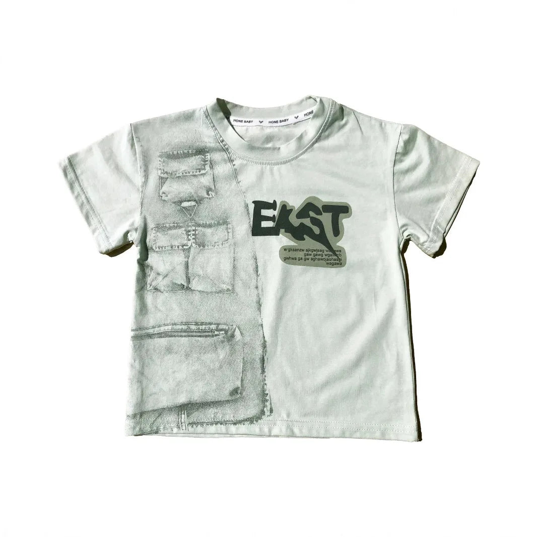 Summer New Children Boys Outfit Muslin Letter Handsome Round Collar Tops Suit Gradient Denim Pants Thin Toddler Kids Boys Outfit