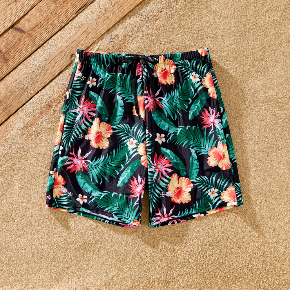 Family Matching Tropical Floral Drawstring Swim Trunks or Shell Edge Bikini