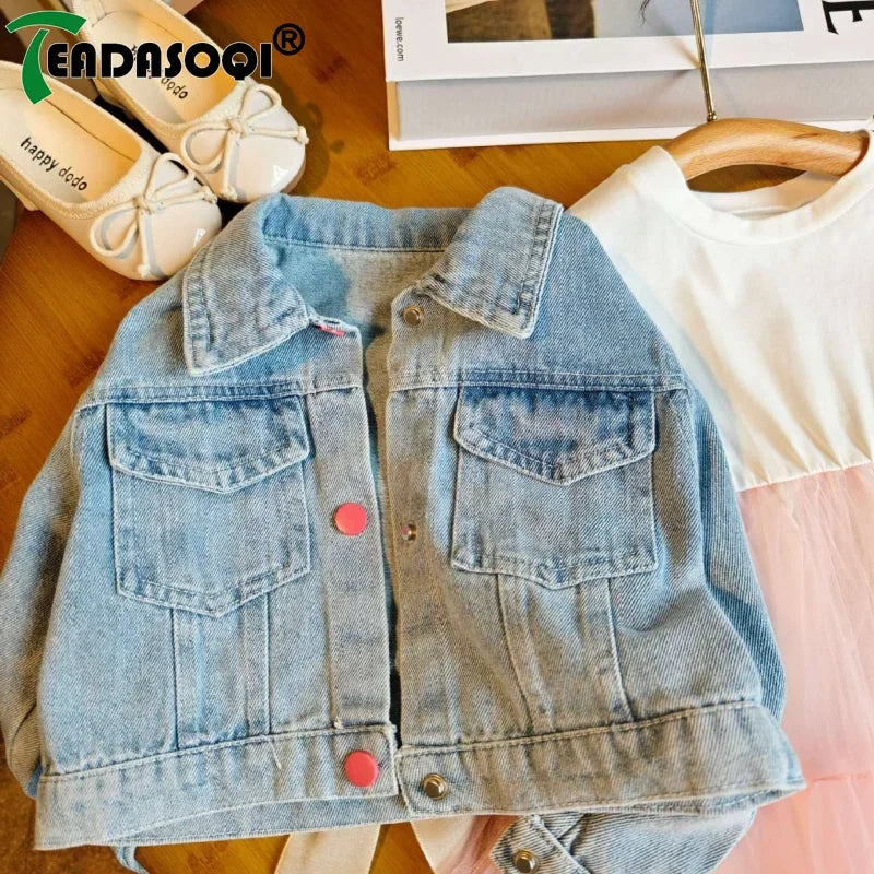 3-8Y Kids Clothes Suit for Spring Autumn Children Cardigan Denim Jacket Coat Top+Girls Gauze Skirt Lace Princess Dress 2Pcs Set