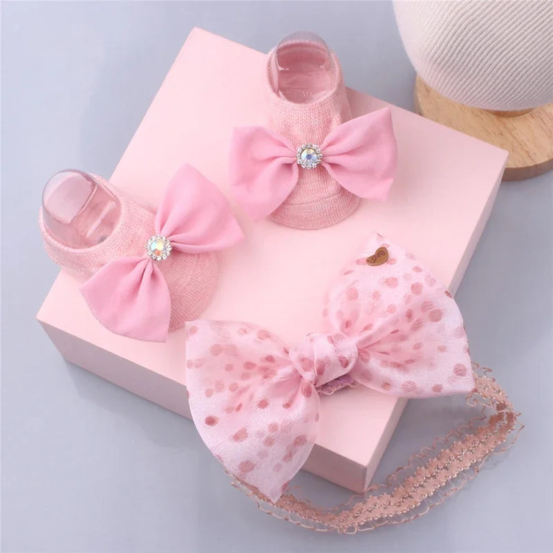 Baby Headband Socks Sets Sequin Bow Hairbands Pink Mesh Flower Newborn Boat Sock Princess Girls Headwear Kids Hair Accessories