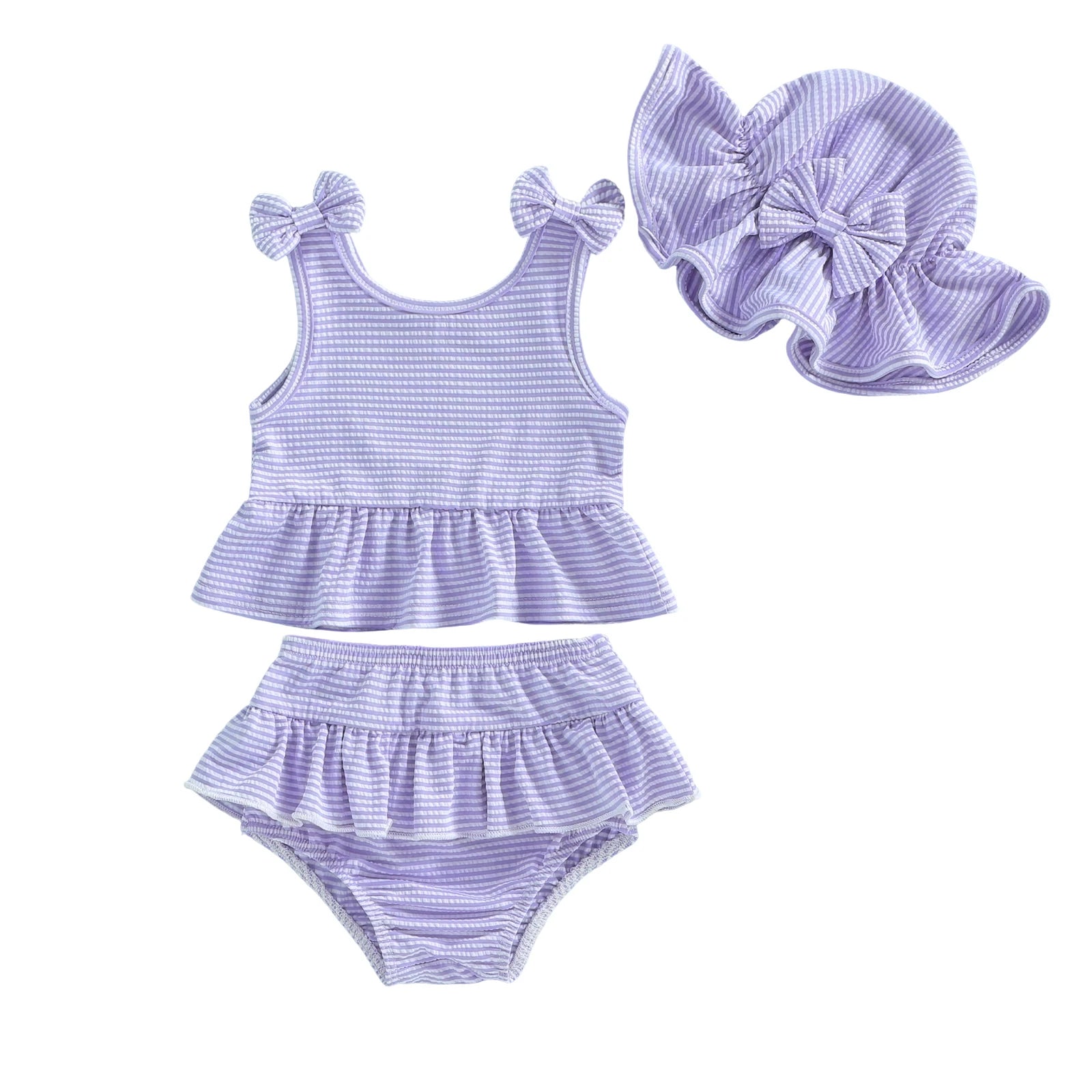 Toddler Baby Girl Striped Swimsuit Cute Fashionable Ruffle Tank Tops with Bottom, Hat 3Pcs Bathing Suit