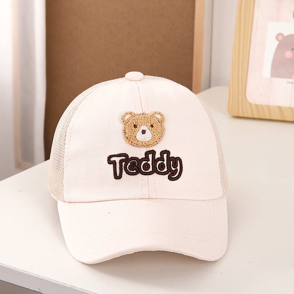 Kids Baseball Hat Mesh Breathable Cute Bear Embroidered Snapback Caps 1-6 Years Boys Girls Sunscreen Adjustable Peaked Cap