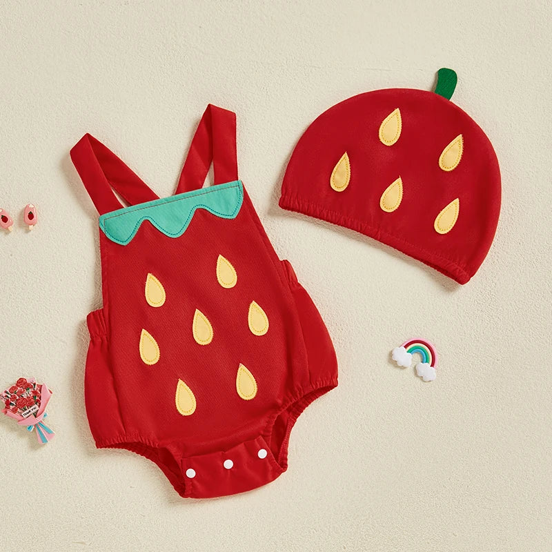 0-18months Baby boys girls Summer Bodysuit Fruit Overalls playsuit for  for infant girls boys with Hat 2-piece Romper Outfit