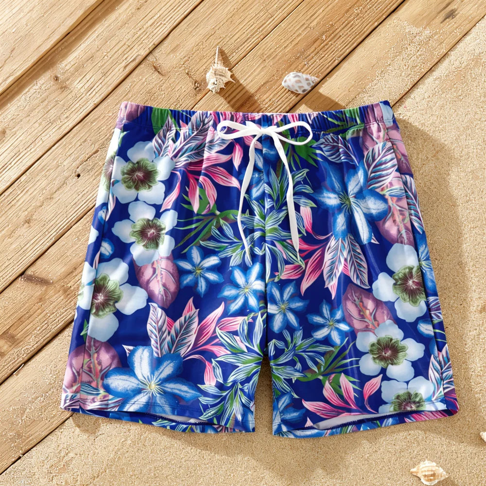 Family Matching Tropical Floral Print Swimwear Set: Dad Shorts, Mom One-Piece, Kid Swimsuit