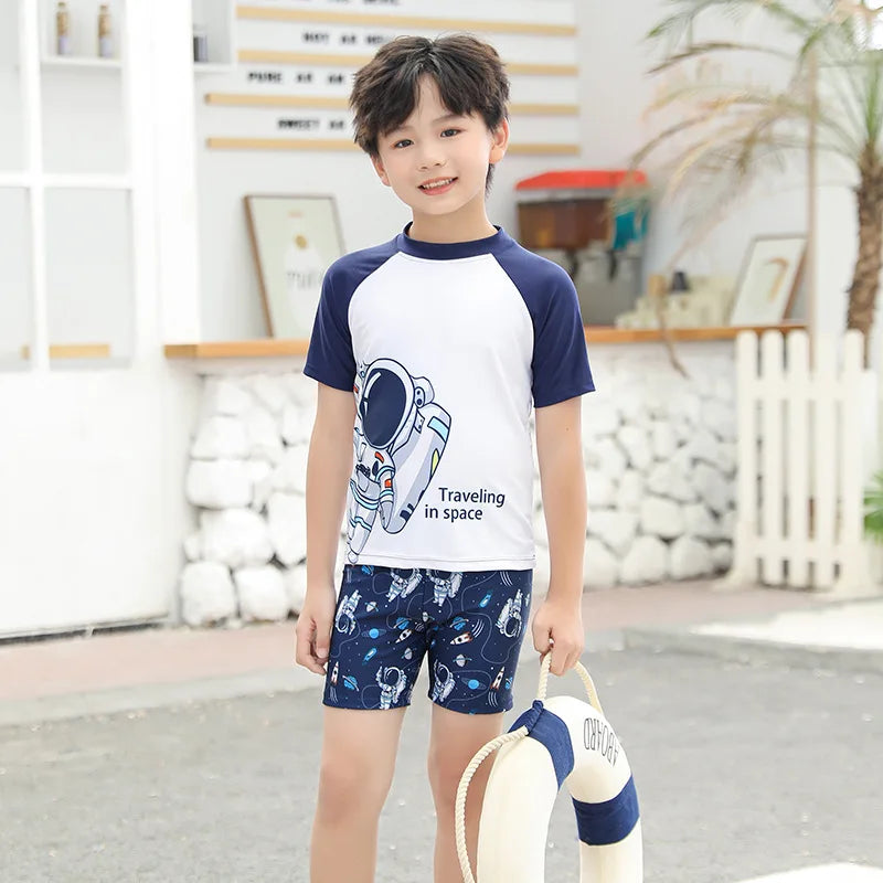 Summer Children's Swimsuit Boys Split Short Sleeve Swimming Suit Teenage Cartoon Quick Drying Bathing Suits Boys Swimsuit Set