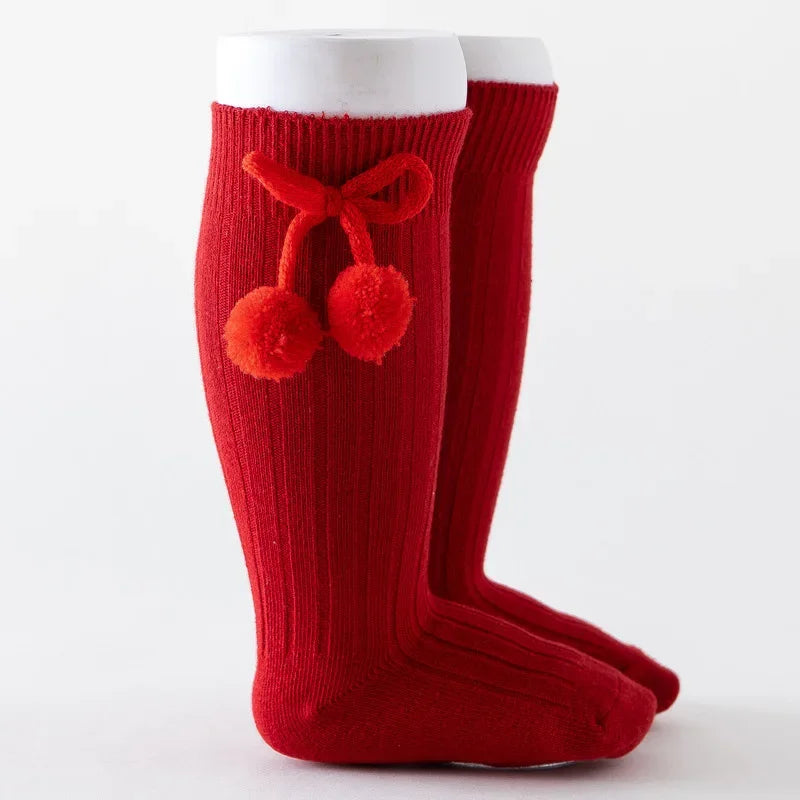 Baby Socks Solid Cotton Soft Long Princess Socks with Cute Pom-Pom Bow Decor Boy Girls Stretchy Warm Cozy Casual Socks Stockings