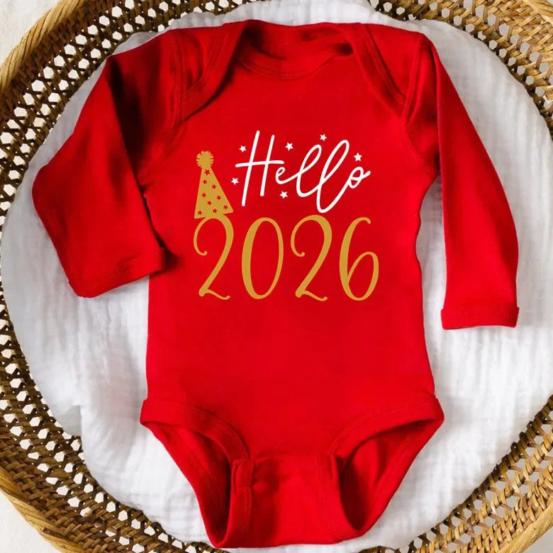 Hello 2026 Newborn Baby Bodysuit Cotton Short Sleeve Infant Rompers Body Baby Boys Girls New Year Ropa Clothes Christmas Gift