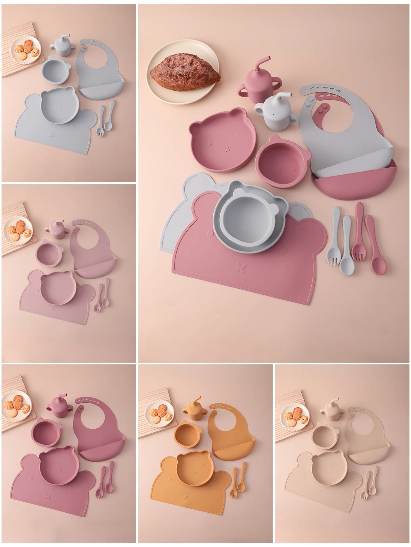 7PCS Silicone Baby Feeding Set Cartoon Plates Suction Bowl Straw Cup BPA Free Toddler Tableware Self Feeding Essentials