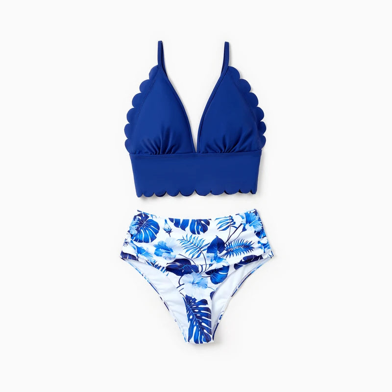 Family Matching Blue Tropical Leaf Swimwear Set Dad Boy Board Shorts & Mom Girl Bikini Sets