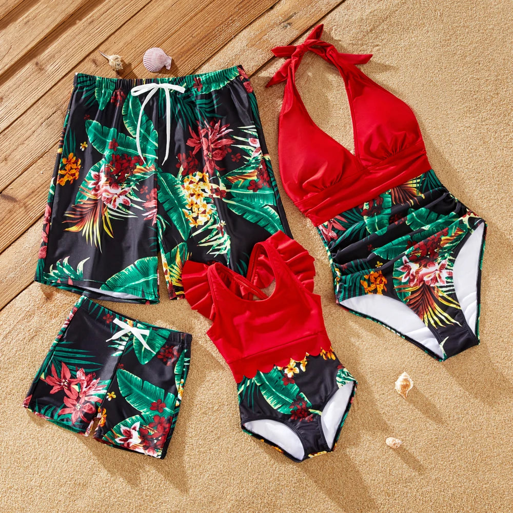 Family Matching Tropical Floral Print Swimwear Set: Dad Shorts, Mom One-Piece, Kid Swimsuit