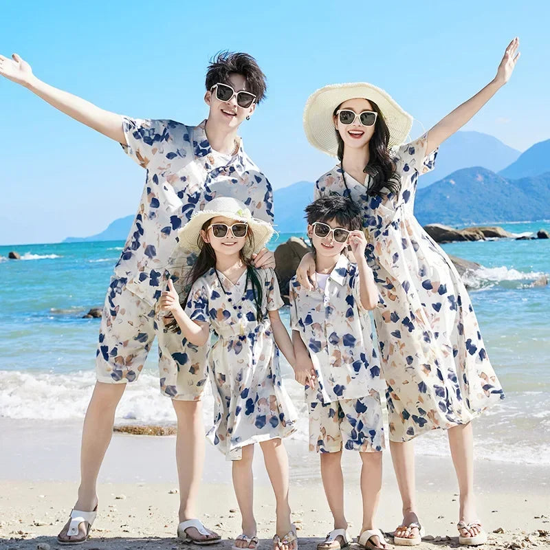 2024 Summer Family Vacation Look Clothes Mom and Daughter Short Sleeve Dress Holiday Dad and Son Shirts Two Piece Outfits Sets