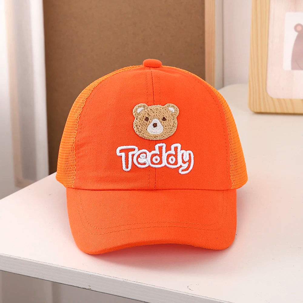 Kids Baseball Hat Mesh Breathable Cute Bear Embroidered Snapback Caps 1-6 Years Boys Girls Sunscreen Adjustable Peaked Cap