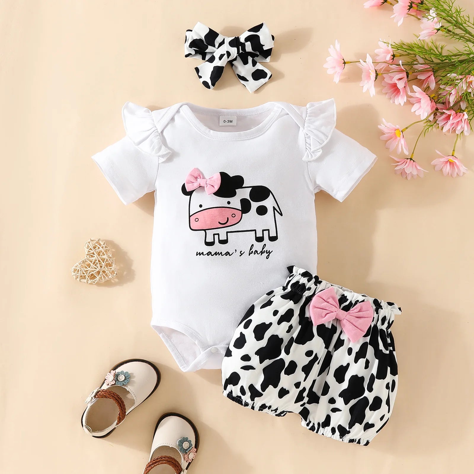 Baby Summer Clothes Set 0-18M Infant Girls Cartoon Print Short Sleeve Bodysuit+Shorts+Headband 3Pcs Toddler Fashion Outfit