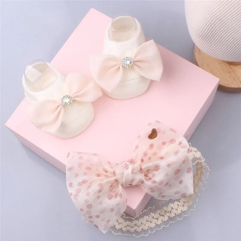 Baby Headband Socks Sets Sequin Bow Hairbands Pink Mesh Flower Newborn Boat Sock Princess Girls Headwear Kids Hair Accessories