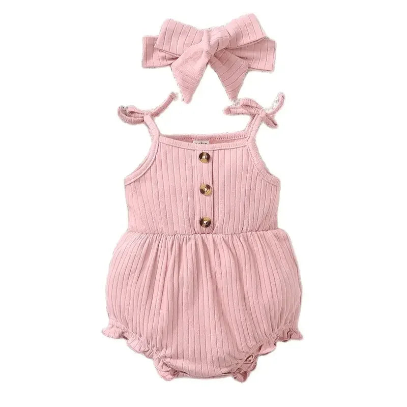 Newborn Baby Girl Bodysuit 0-9 Months Pink Cute Suspender Sleeveless Romper+Big Headband 2PCS Summer Clothes Set for Infant Girl