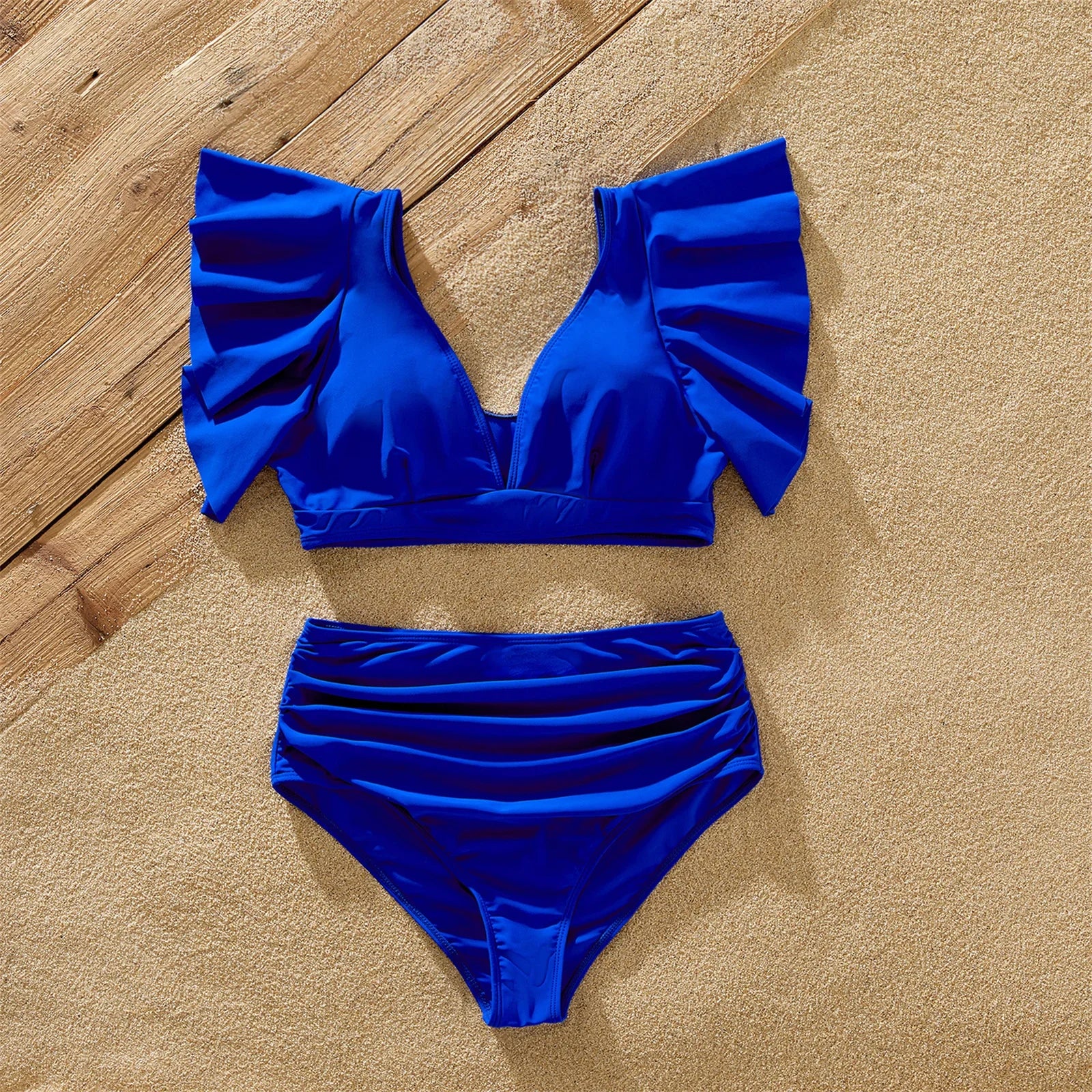 PatPat Family Matching Blue Ruffle Trim Two-piece Swimsuit and Letter Print Swim Trunks Suitable for Summer Season