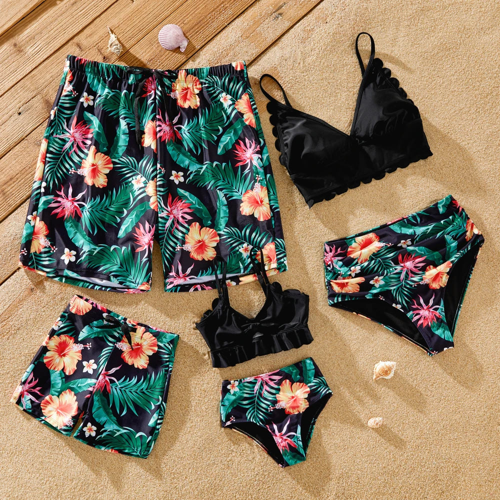 Family Matching Tropical Floral Drawstring Swim Trunks or Shell Edge Bikini