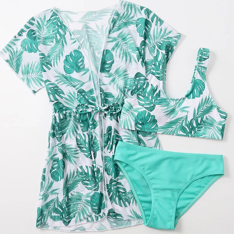 Kids Summer Beachwear Swimming Suit Mesh Three Piece Children Girls Bikinis Split Swimwear Overall Bathing Suit