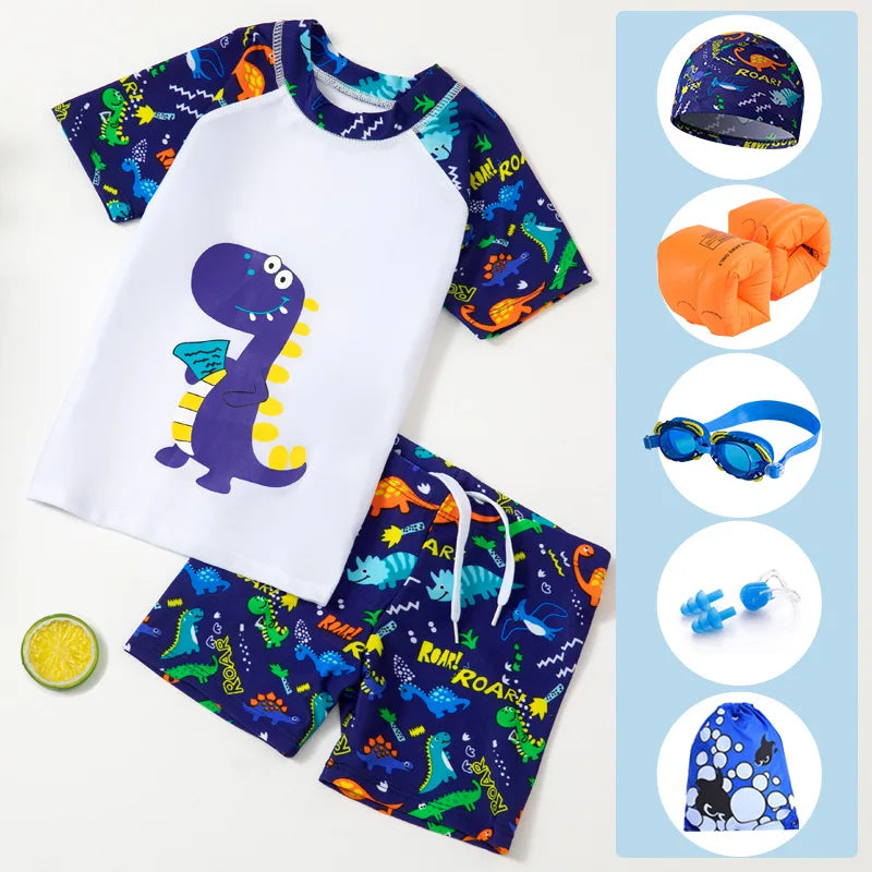 2025 Kids Boys Girls Swimwear Set Clothes Children Cartoon Print Separates Matching Summer Beach Vacation Outfit Casual Wear