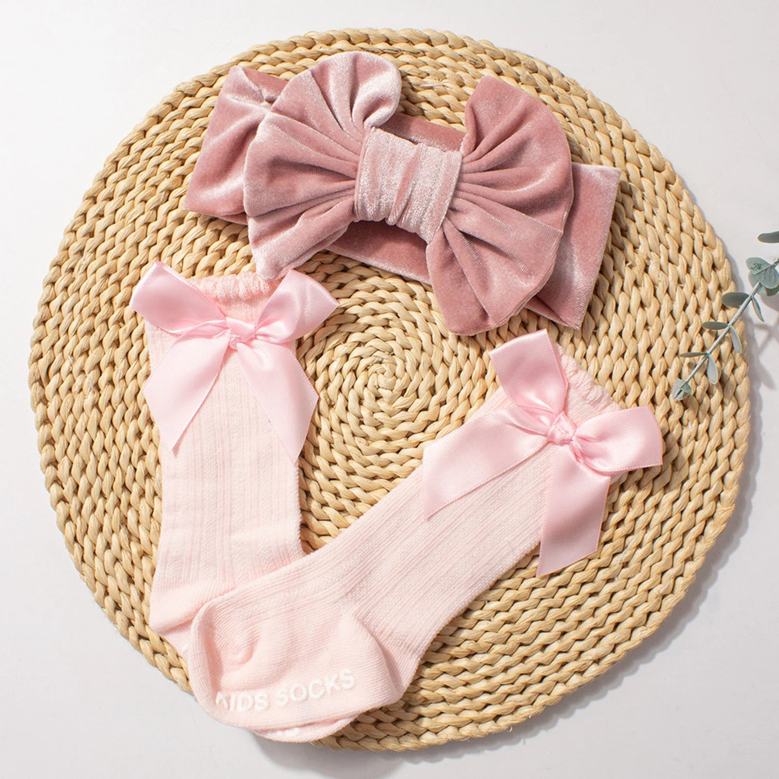 Baby Girls Socks Headband Set Breathable Knit Bow Princess Socks for Party, Wedding, Photography
