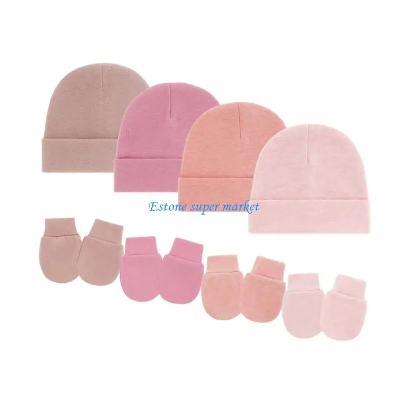 090B 4 Set Newborns Bonnet Cap and Mittens Machine Washable Baby Fetal Hat Gloves for 0 to 3 Month Soft Fabric Headgear
