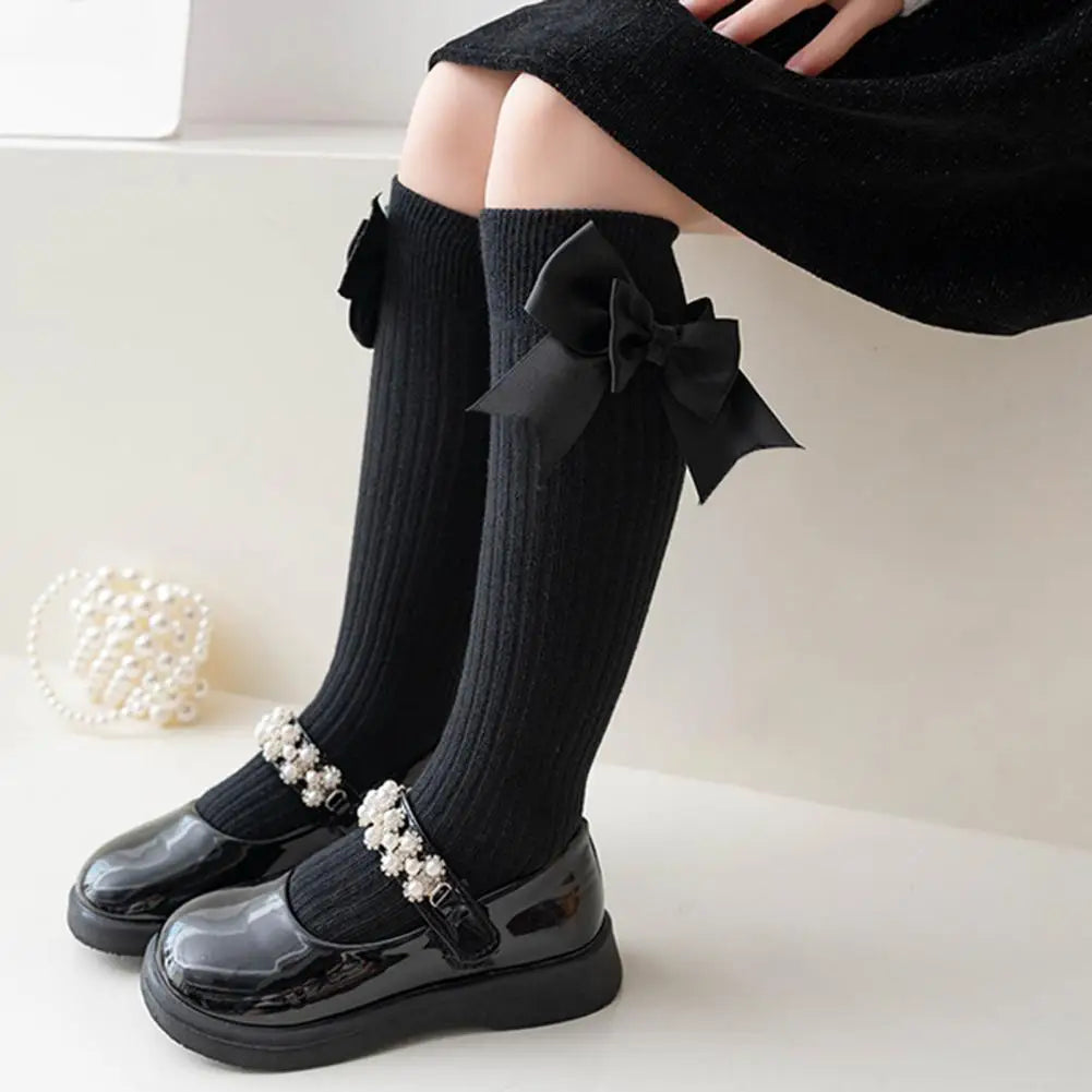 Cute Cartoon Kids Stockings Bow Knee High Cotton Socks Cotton Long Socks Breathable Mid-Calf Socks for Toddler 3-12Y