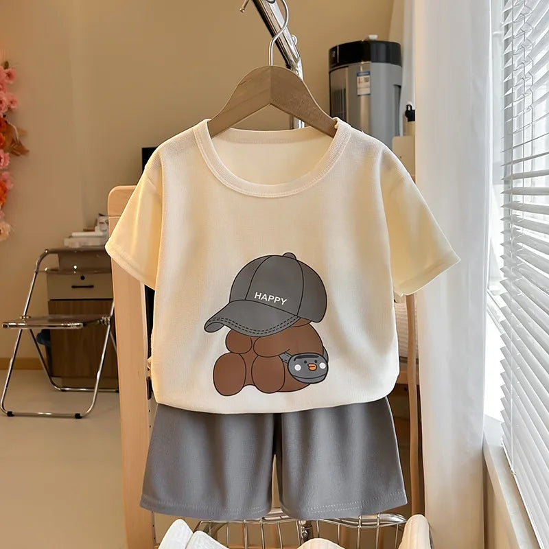 Summer 2025 Kids Clothes Children Short Sleeve Outfit Set Toddler Boys Girls Casual T-Shirt+Shorts Sports 2PCS Bear Clothing