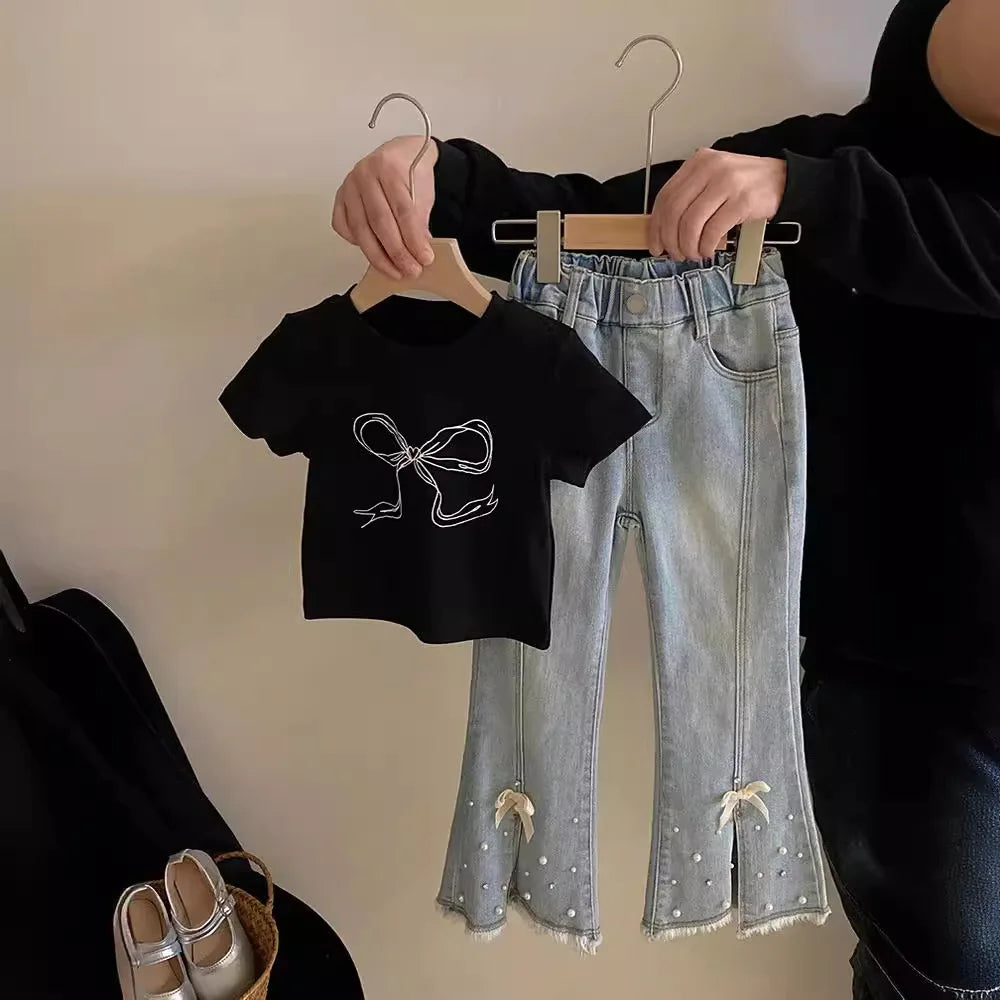 Children's Clothing Sets Bow Short Sleeve T-shirt Top + Beaded Slit Jeans Girls Clothes Set 3 To 7 Years Kids Boutique Clothes