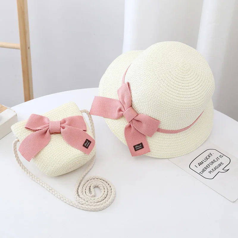 Summer Baby Girls Straw Hat And Shoulder Bag 2pcs Set Parent-child Wide Brim Lace Holiday Beach Sun Hats Outdoor Bucket Cap
