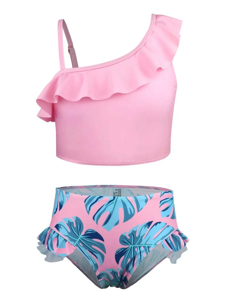 Bikini Girls Kids Swimsuit 2025 New Print Sloid Ruffle Sling Children Swimwear Summer Two Piece High Waist Beach Bathing Suits