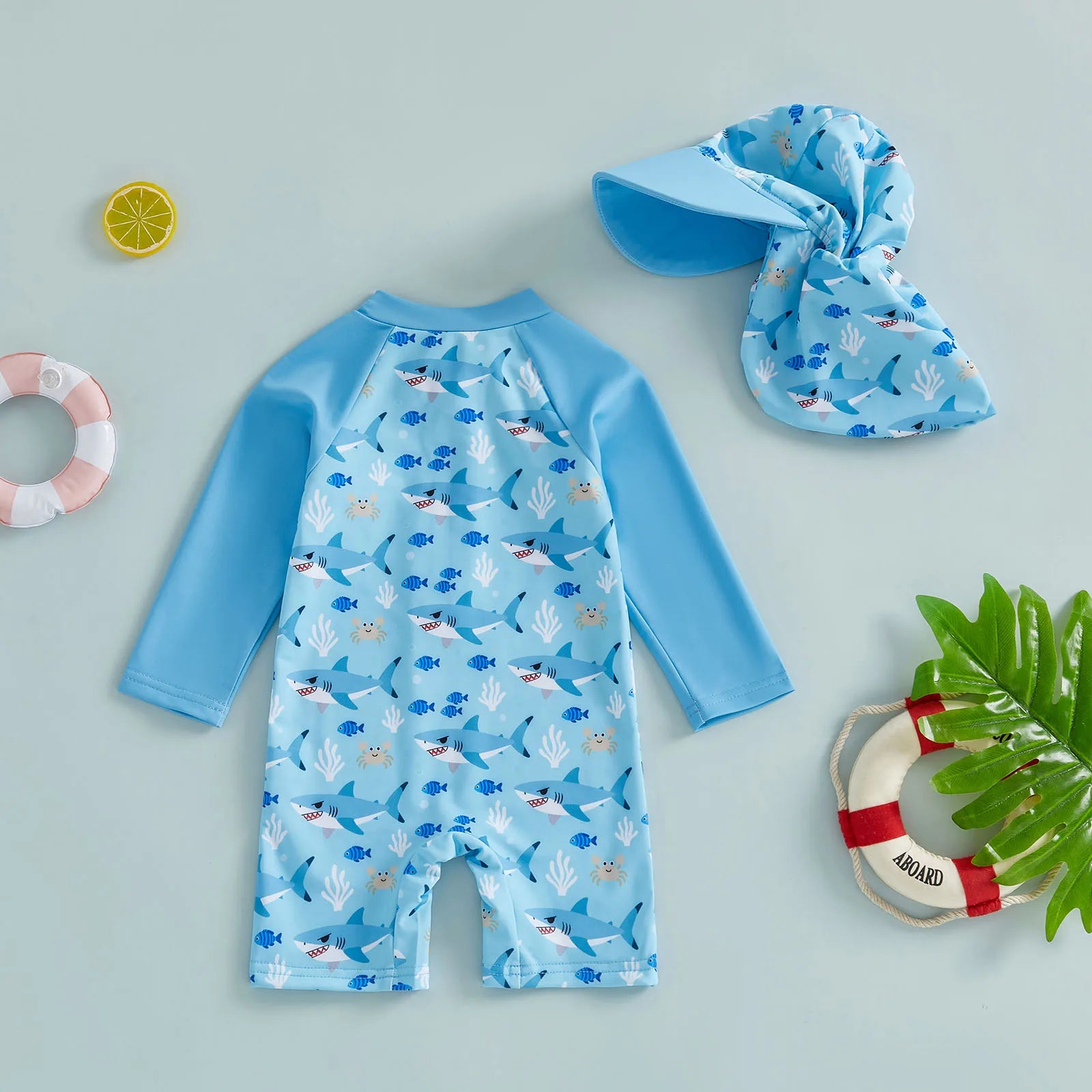 Toddler Baby Boy Rash Guard Swimsuits Cartoon Shark/Duck Print Long Sleeve Zip Up Bathing Suit with Sun Caps Summer Swimwear