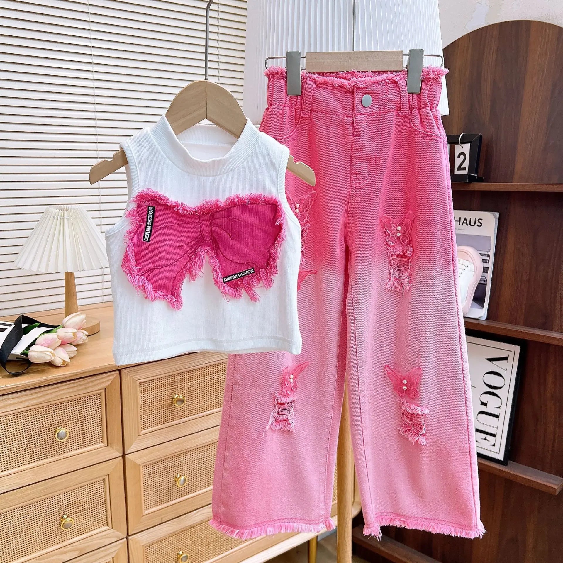 2025 Summer Girls' Clothing Set Fashion Children's Sleeveless Vest Top+ Ripped Pink Jeans Two-piece Set Baby Girls Clothes