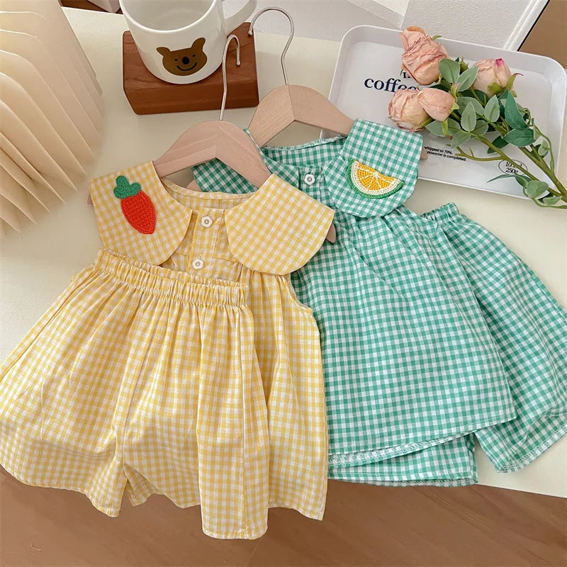2025 Summer Children's Clothes Kids Girls Clothes Fruit Plaid T-Shirt+Shorts Pants Casual Loose Baby Outfit Sets Toddler Pajamas