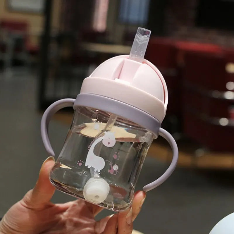 1/2pcs 250ml Pink Baby Drinking Cup Feeding Bottle With Straw Gravity Ball Wide Caliber Drinking Milk Water Bottle With Handle