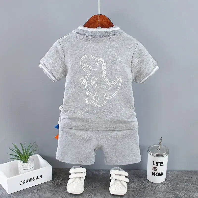Summer Kids Outfits Baby Boys Clothes Set Dinosaur Printed Turn-down Collar T-Shirts Tops+ Shorts 2PCS/Suit Infant Clothing Sets