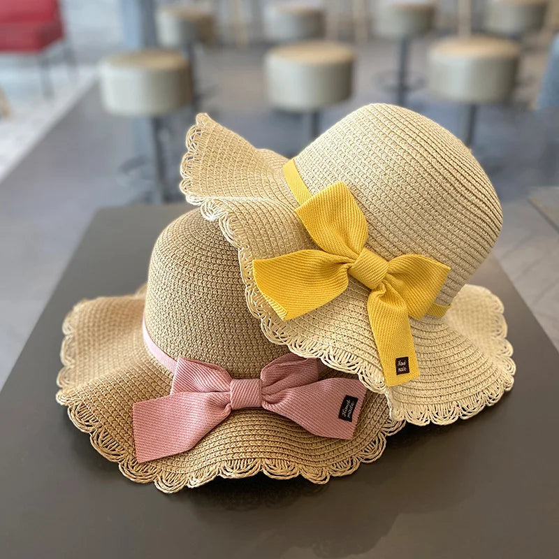 Summer Baby Girls Straw Hat And Shoulder Bag 2pcs Set Parent-child Wide Brim Lace Holiday Beach Sun Hats Outdoor Bucket Cap