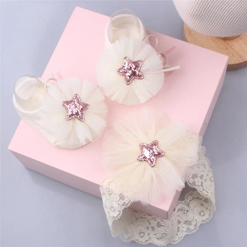 Baby Headband Socks Sets Sequin Bow Hairbands Pink Mesh Flower Newborn Boat Sock Princess Girls Headwear Kids Hair Accessories