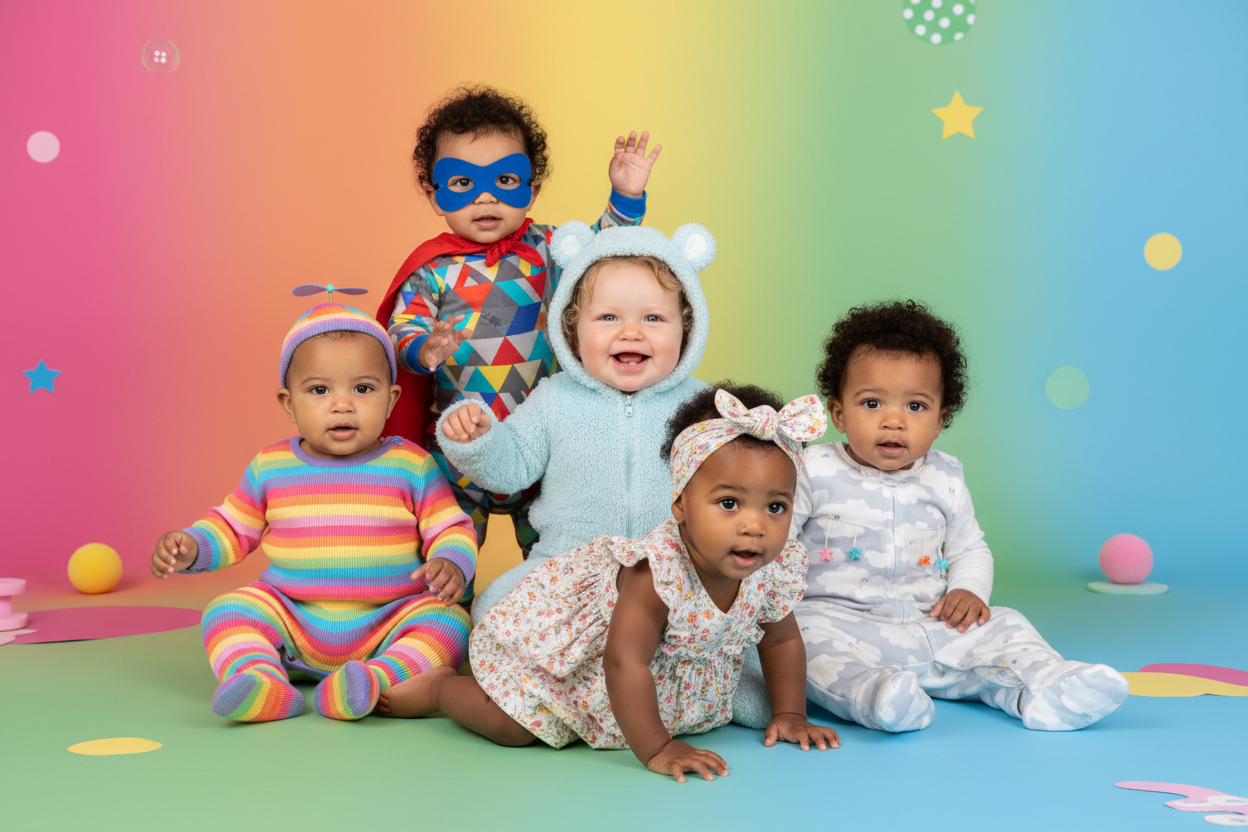 Multiple babies in different outfits with colorful background